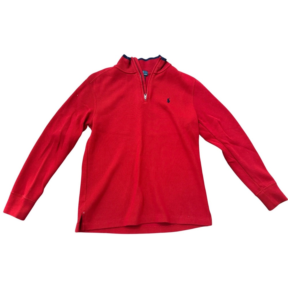 Polo Ralph Lauren Boys Red 1/4 Zip Pullover Sweater 100% Cotton Sz Medium 10-12